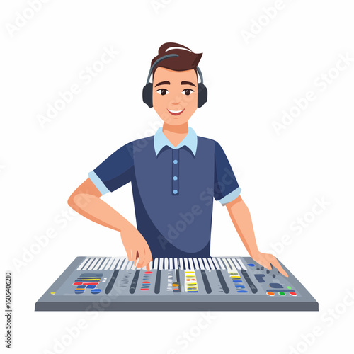 Cartoon Sound Engineer Working on Audio Mixer with Headphones