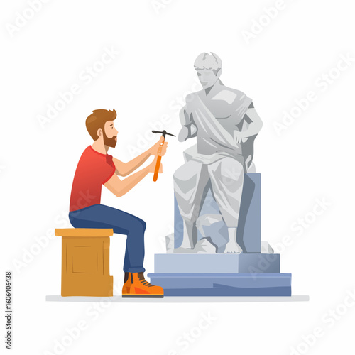 Sculptor Carving a Statue of a Classical Figure with Hammer and Chisel