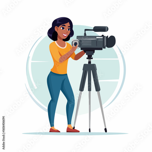Young African American Female Camerawoman Operating Professional Video Camera