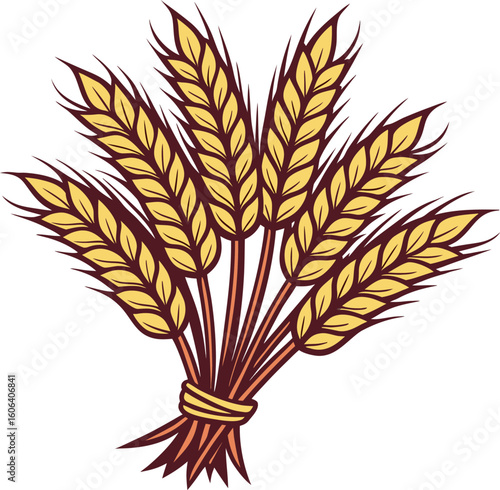 Bunch of golden wheat stalks tied together with a ribbon
