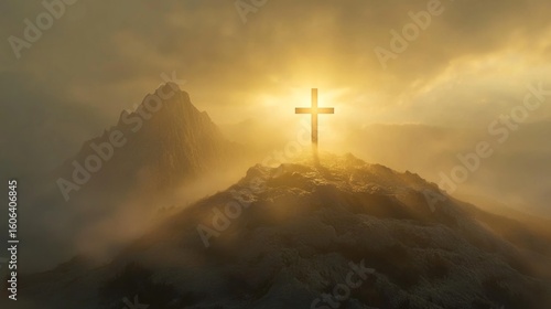A silhouetted cross stands atop a misty mountain peak, bathed in the golden light of a setting or rising sun, with a mountain range in the background