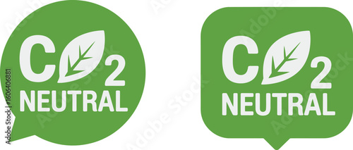 CO2 Neutral Icons with Leaf Symbol, Green and White, Speech Bubble and Rounded