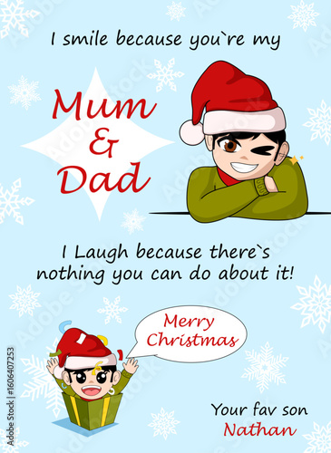 Vertical Christmas Funny Quote Greeting Card Design with Cartoon Illustrations