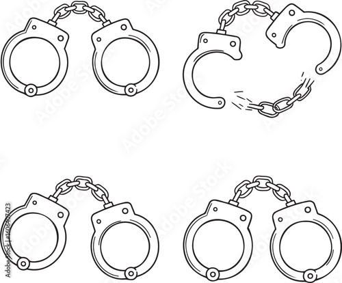 Hand drawn style Hand Cuff silhouette set isolated on transparent background