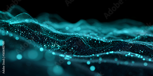 Abstract flowing wave of glowing turquoise particles on a dark background