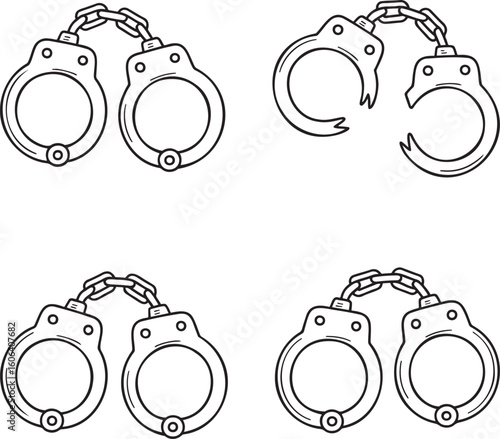 Hand drawn style Hand Cuff silhouette set isolated on transparent background