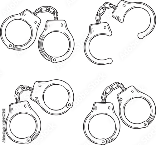 Hand drawn style Hand Cuff silhouette set isolated on transparent background