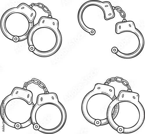 Hand drawn style Hand Cuff silhouette set isolated on transparent background