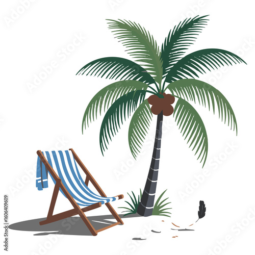 Relaxing beach scene with striped deck chair and palm tree on sandy shore