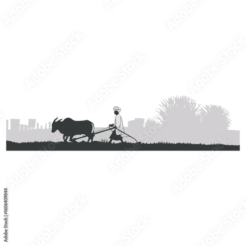 Silhouette of a farmer plowing a field with a bull and a wooden plow