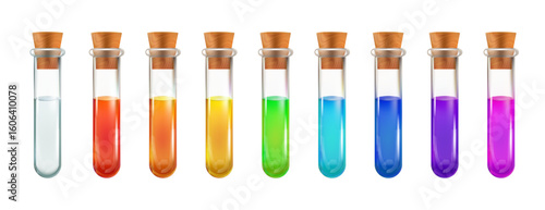 3d test tube, chemistry lab glass bottle. Witch magic potion flask, laboratory beaker vector icon. Science vial medical equipment, isolated poison antidot elixir. Realistic glassware with color water