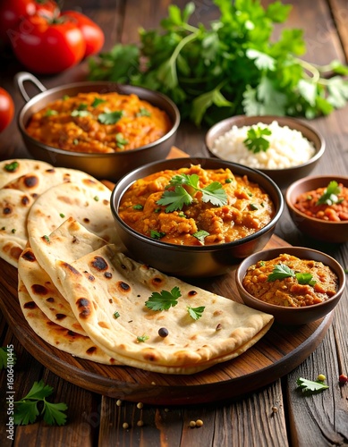 Indian curry dishes with naan bread