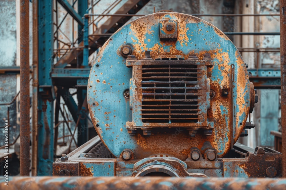Fototapeta premium Close up of large rusty industrial machinery featuring blue and orange colors with visible bolts and a metal grate