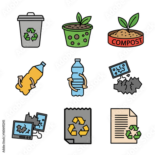 Recycling and Waste Management Icons Set - Trash Can, Compost, Recycled Materials