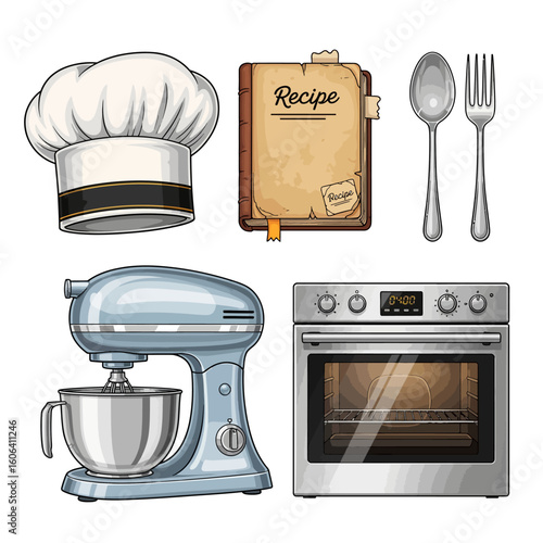 Baking and Kitchen Appliances Icons Set - Chef Hat, Recipe Book, Mixer, Oven