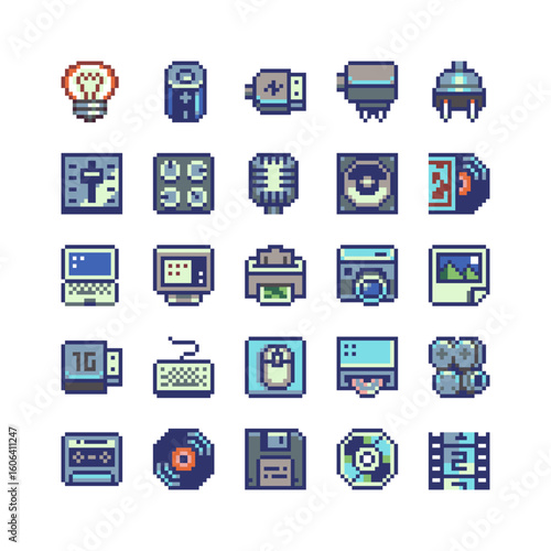 Pixel art icon set featuring retro and modern tech devices, symbols of electronics, media, computers, storage, accessories in a colorful 8-bit style, games, apps, and UI design.