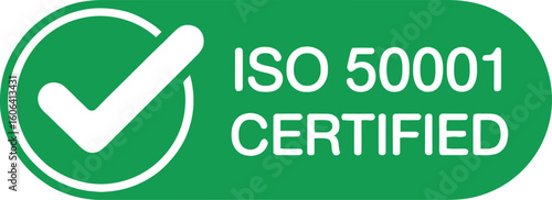 Green Badge with ISO 50001 Certified Text and a White Checkmark Symbol