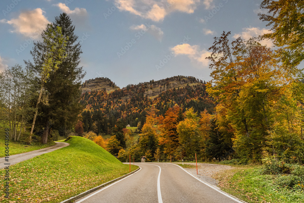 Fototapeta premium The winding road to Schwaegalp in the Swiss Alps leads through a vibrant autumn landscape in the canton of Appenzell Ausserrhoden, Switzerland