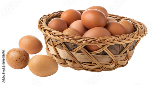 Woven basket overflowing with fresh brown eggs isolated on transparent background