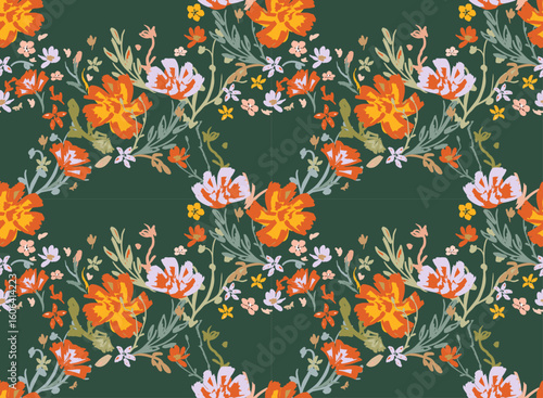 Blooming autumn meadow seamless pattern. Plant background for fashion, wallpapers, print. A lot of different flowers on the field. Liberty style millefleurs. Trendy floral design