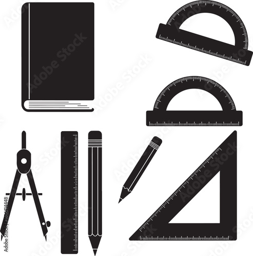 Vector illustration of school, drawing, and office tools, with film, camera, and business elements on a blank frame for design or photography projects