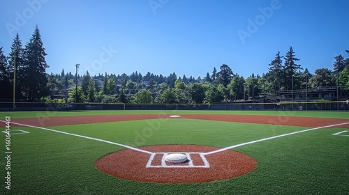 Baseball field with artificial turf and dirt under a clear blue sky