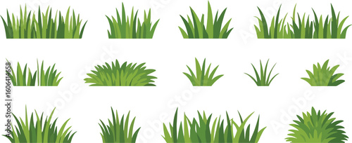 Green Grass Clumps Set Isolated on White Background, Lush Pasture Patches