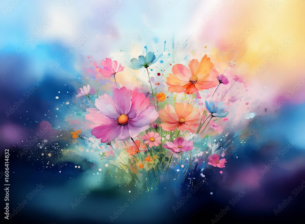 Obraz premium Vibrant cosmos flowers in watercolor style against a colorful, dreamy background. Water droplets and soft light enhance the ethereal beauty.