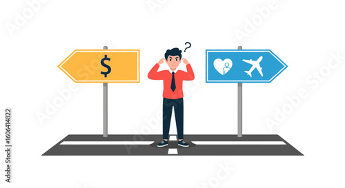 Confused man choosing between money and life experiences, making a big decision