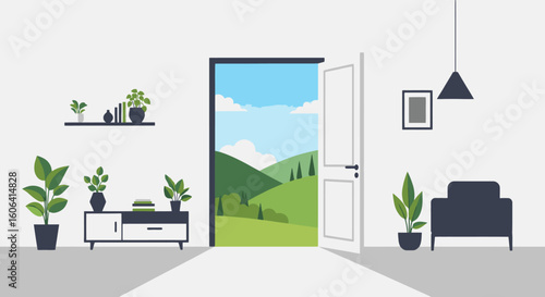 Open door reveals lush green landscape, inviting escape to nature's beauty.