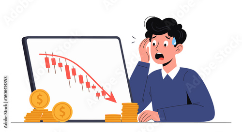 Stressed businessman panics over falling stock market chart and dwindling coins