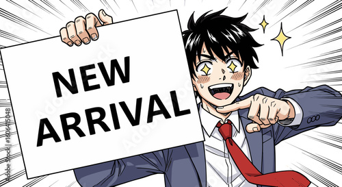 Excited businessman enthusiastically announces new arrival with a bright smile and pointing finger