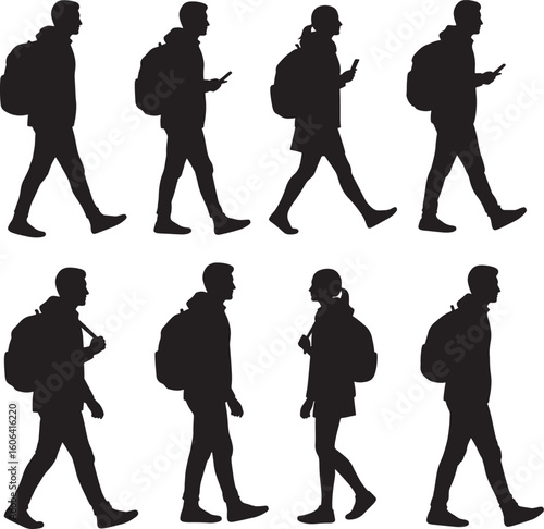 Vector silhouettes of diverse people, including business groups, men, women, and families walking