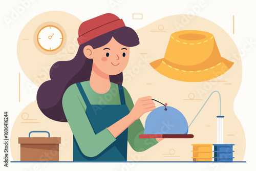 Young female sewing hat details with needle and thread in a cozy craft environment during daytime at home