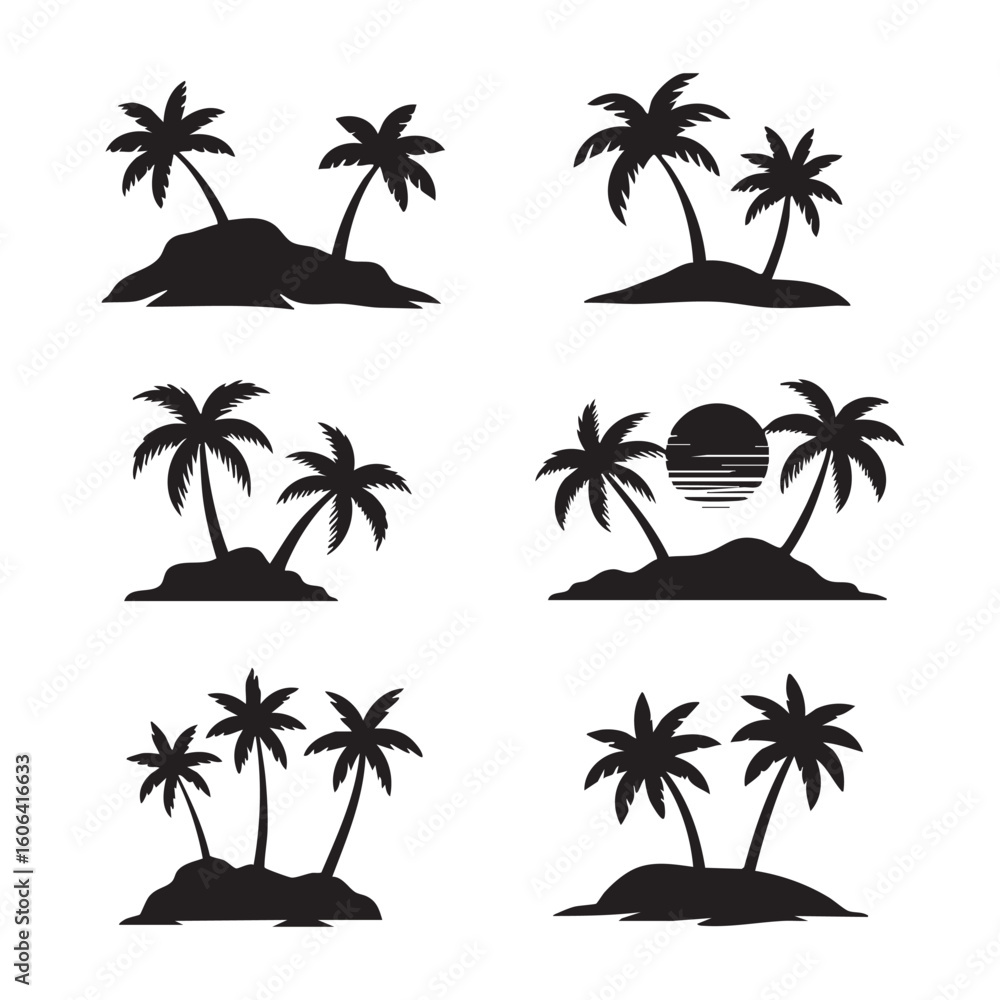 Fototapeta premium Collection of six black silhouette illustrations of tropical islands with palm trees