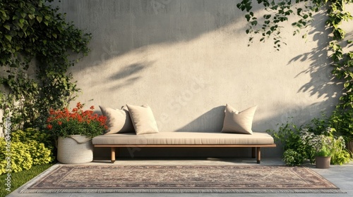 Patio area with cushioned bench, herbs, and outdoor rug