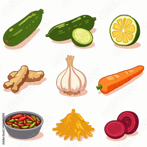 Isometric Pickle Icon Set. Isometric Flat icon set of pickle varieties: dill pickle spear, sweet pickle slice, bread-and-butter 