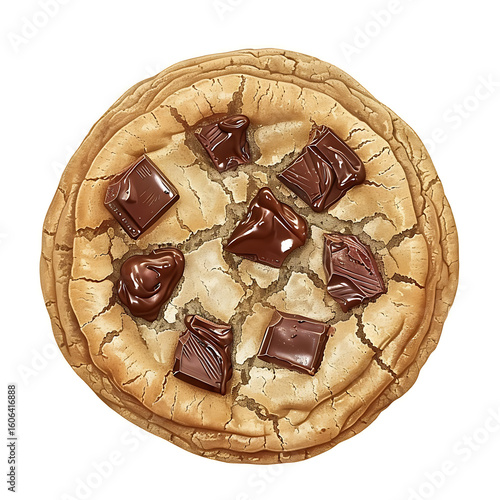 A close-up of a freshly baked chocolate chip cookie with melted chocolate pieces.