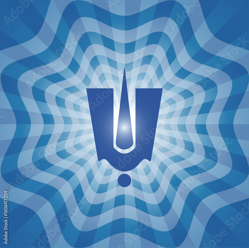 Stylized Divine Spiritual Tirupati Balaji tilak symbol in blue over spiritual radial light rays background. Sacred, religious, divine, spiritual, Tirupati, Hindu, tilak, energy, abstract, god, symbol
