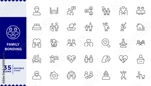 family Bonding Family and Love Line Editable Icons set. Vector illustration in modern thin line style of relationships related icons: traditional and lgbtq couple, family members,Icon set