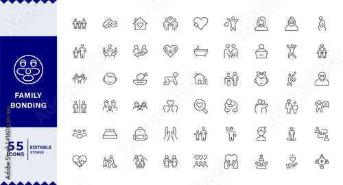 family Bonding Family and Love Line Editable Icons set. Vector illustration in modern thin line style of relationships related icons: traditional and lgbtq couple, family members,Icon set