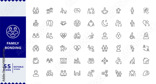 family Bonding Family and Love Line Editable Icons set. Vector illustration in modern thin line style of relationships related icons: traditional and lgbtq couple, family members,Icon set