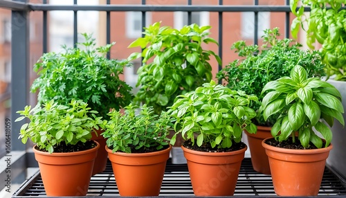 Fresh herbs such as basil, parsley, and oregano thriving in pots, creating a fragrant balcony garden