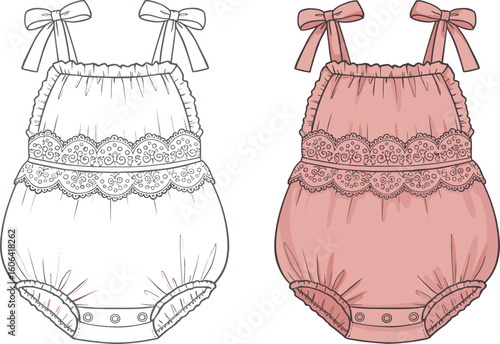 Baby romper design, cute baby clothing, fashion sketch, vector romper, lace detail, girl baby outfit, stylish apparel, CAD drawing, fashion flat, trendy infant wear