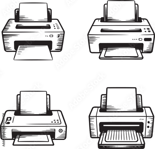 Hand drawn style Printer silhouette set isolated on transparent background