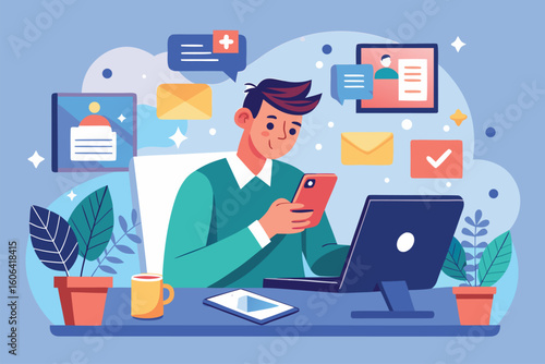 Worker interacts with social media on phone while sitting at a desk with a computer in a creative workspace during daytime