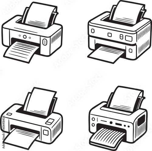 Hand drawn style Printer silhouette set isolated on transparent background