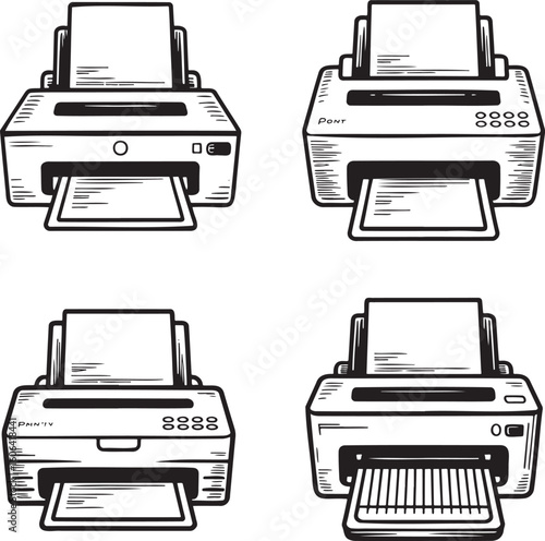 Hand drawn style Printer silhouette set isolated on transparent background