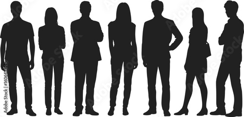 Silhouettes of men and women standing together in a row, team of people, black vector illustration, corporate group concept