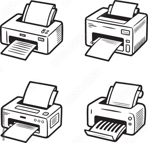 Hand drawn style Printer silhouette set isolated on transparent background